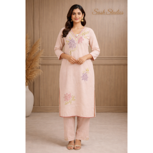 Beige multi coloured patch embroidery