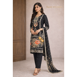 Black Printed Embroidery Crepe
